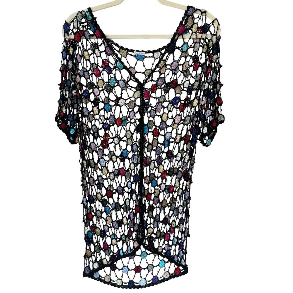 VTG Retro Boho Glam Crochet Beaded Beachy Coverup Black Multicolor Mesh Top OS